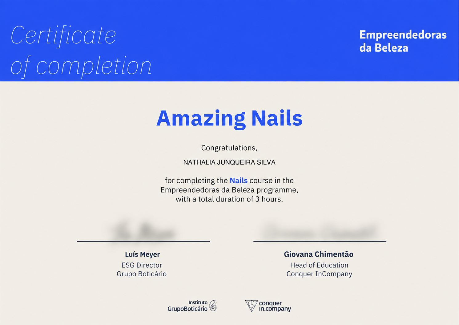 Nathalia's Amazing Nails certificate in English