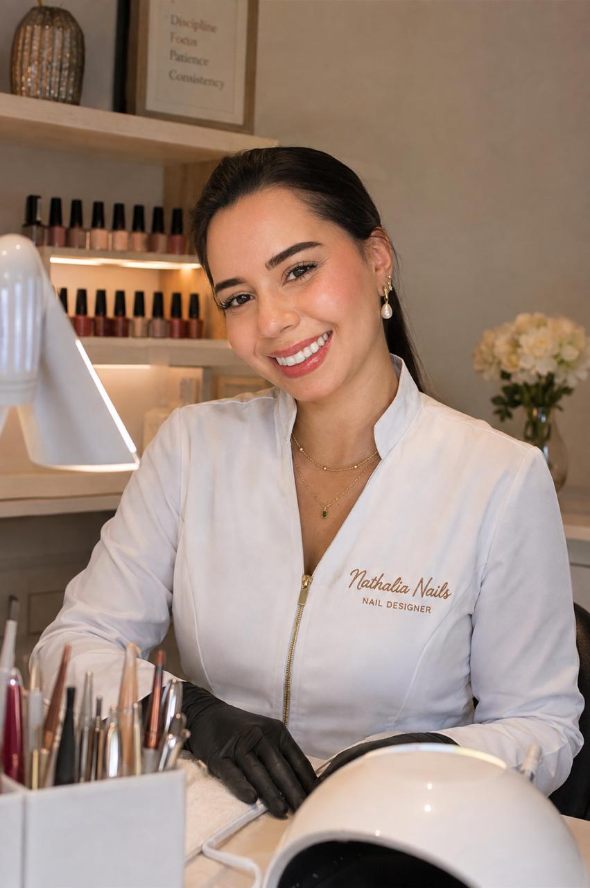 Nathalia smiling at her nail desk in her white studio uniform